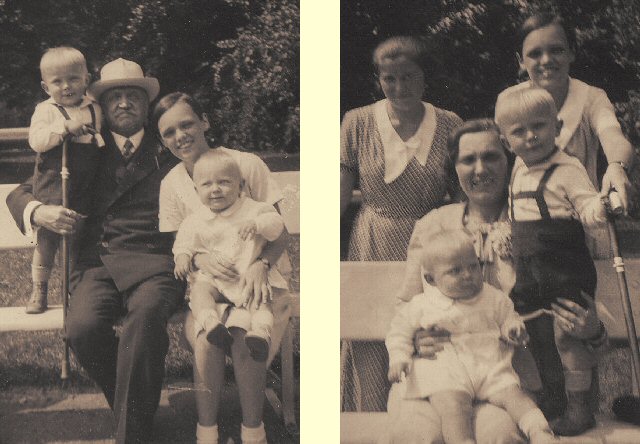 Little Rezso and my Father with me sitting on my niece Marta's lap and my Mother with little Rezso and me, Marta (niece) and Nanny Teri standing behind at Margaret Island, Budapest 1935